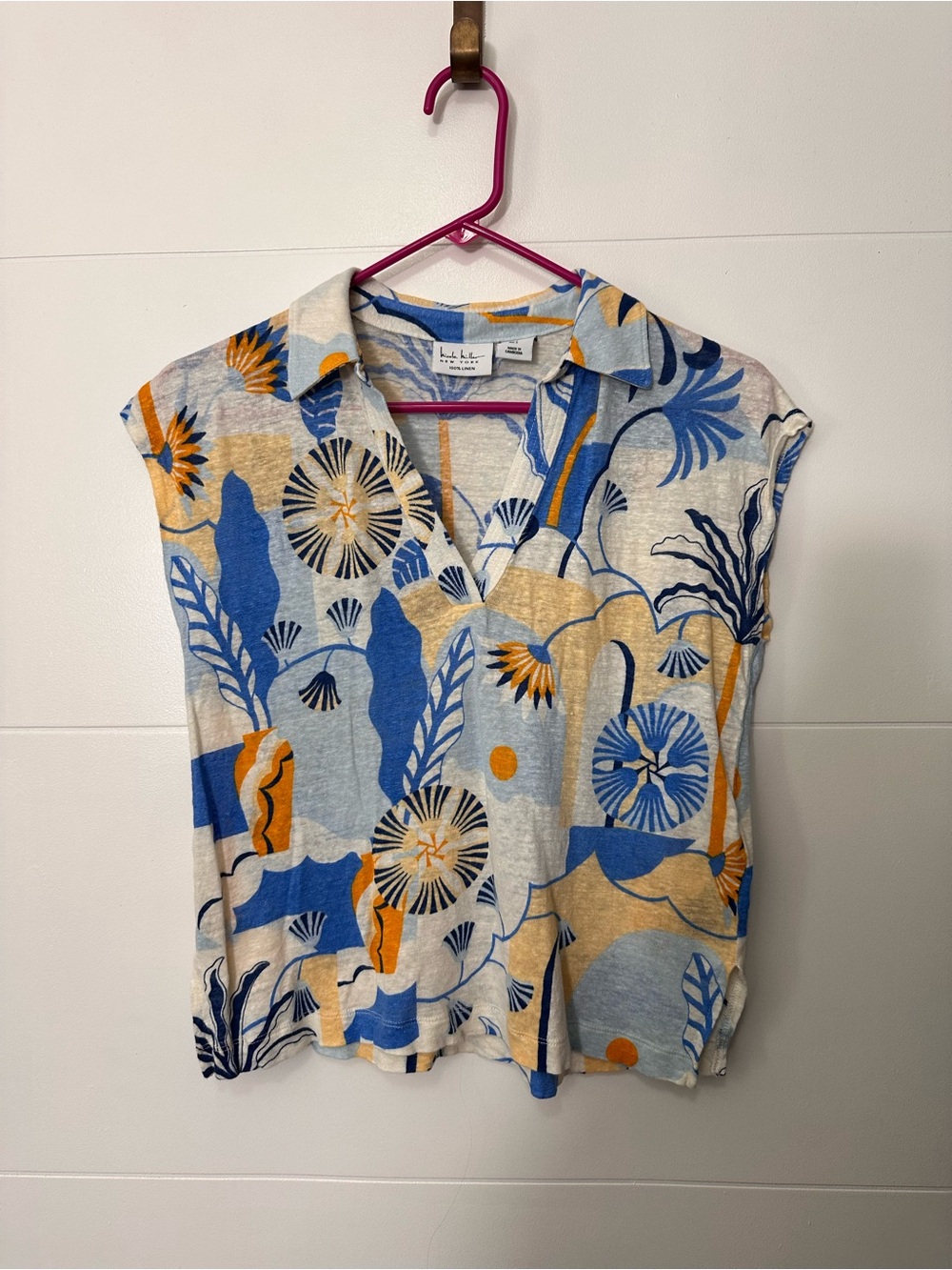 Nicole Miller 100% Linen Blue Floral Tropical Print Cap-Sleeve Collar Top Size S - Picture 2 of 6